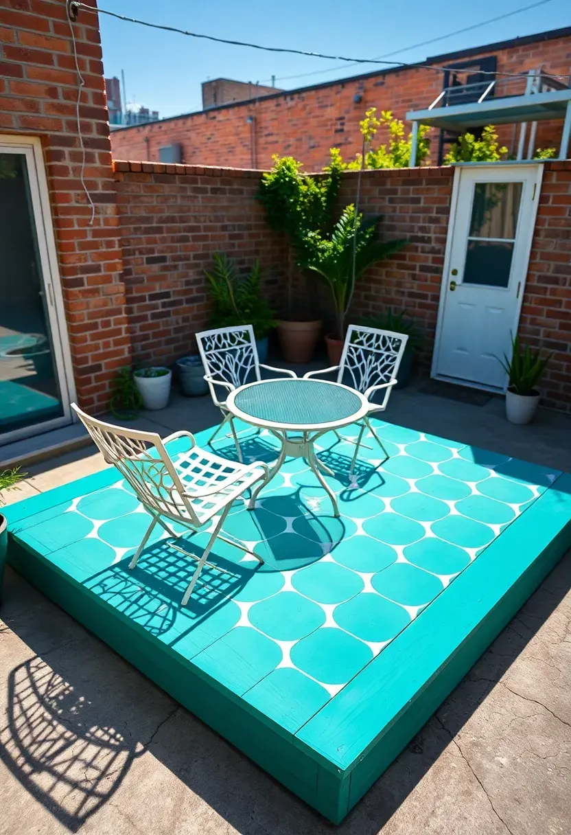A painted plywood deck platform in a bright teal color on a small urban backyard patio, with white outdoor furniture and geometric-pattern stenciling on the surface