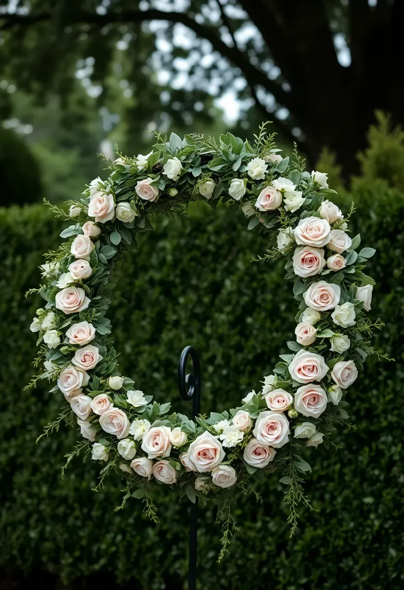 Large ring-shaped floral wreath as a photo backdrop in a backyard with greenery, roses, and eucalyptus arranged on a circular metal frame