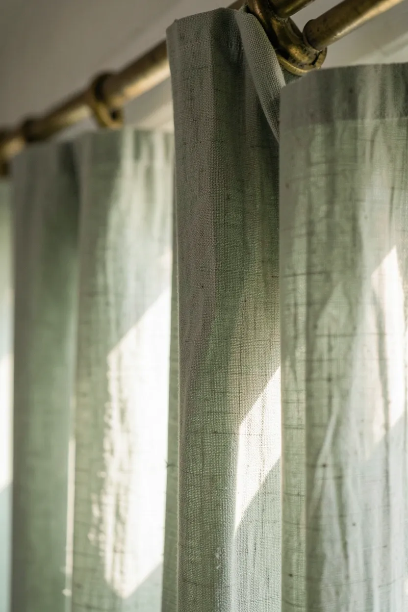 Soft natural linen curtain panels filtering afternoon light through a farmhouse kitchen window above the sink