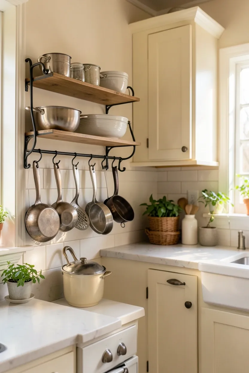 Oil-rubbed bronze exposed shelving rails with S-hooks holding cast iron and copper pans in a small farmhouse kitchen