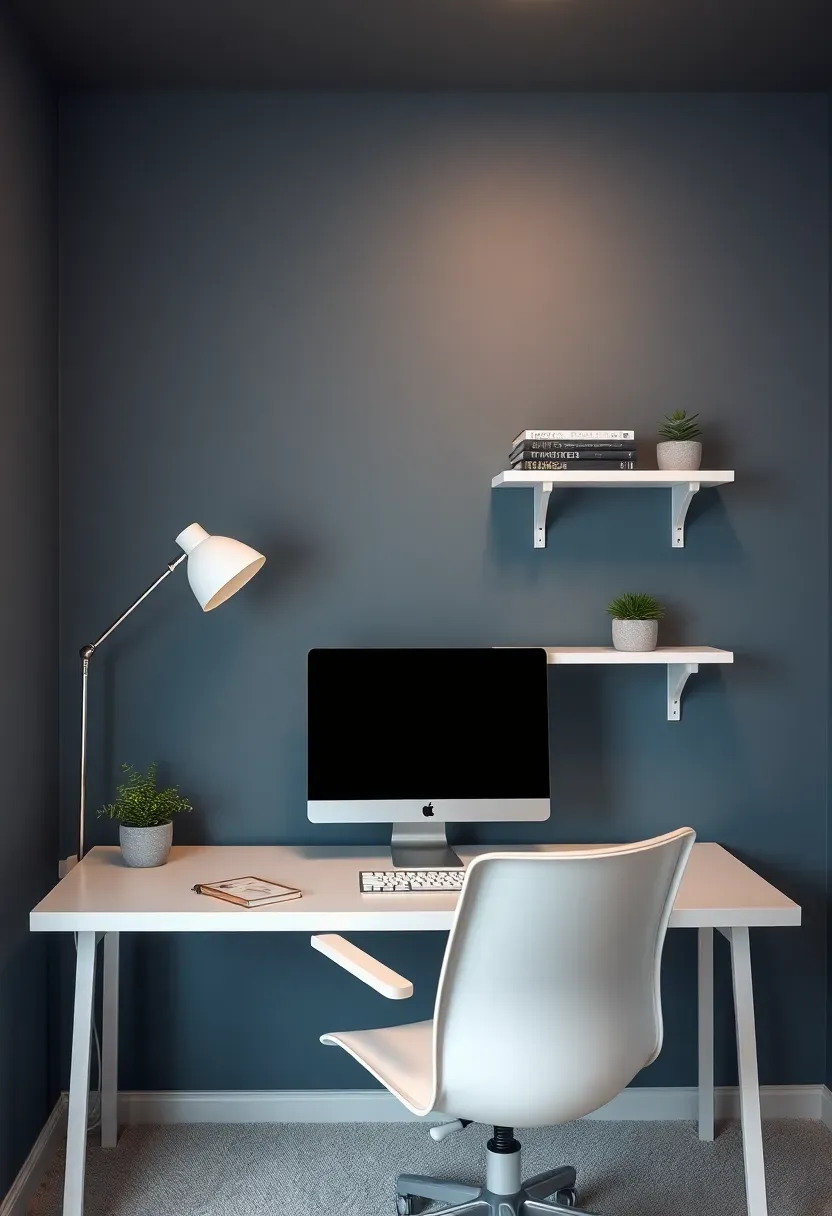 basement home office with slate blue-gray walls and white desk setup