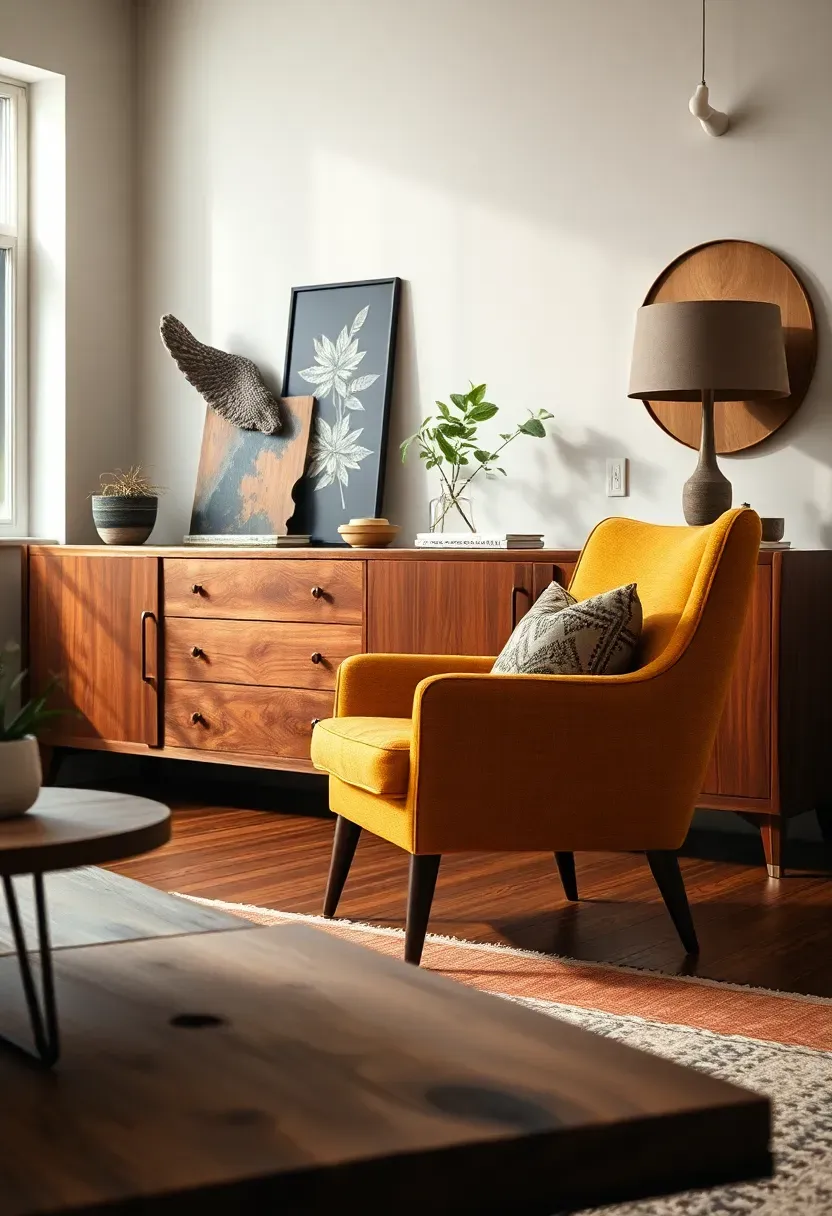 Eclectic living room with a restored mid-century teak sideboard, a reupholstered vintage armchair in modern fabric, and a reclaimed wood coffee table