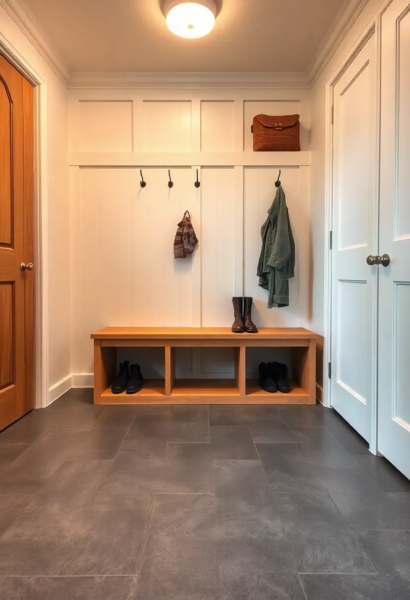 Attached garage interior transition zone with built-in cubbies, bench seating, and tile flooring acting as a mudroom