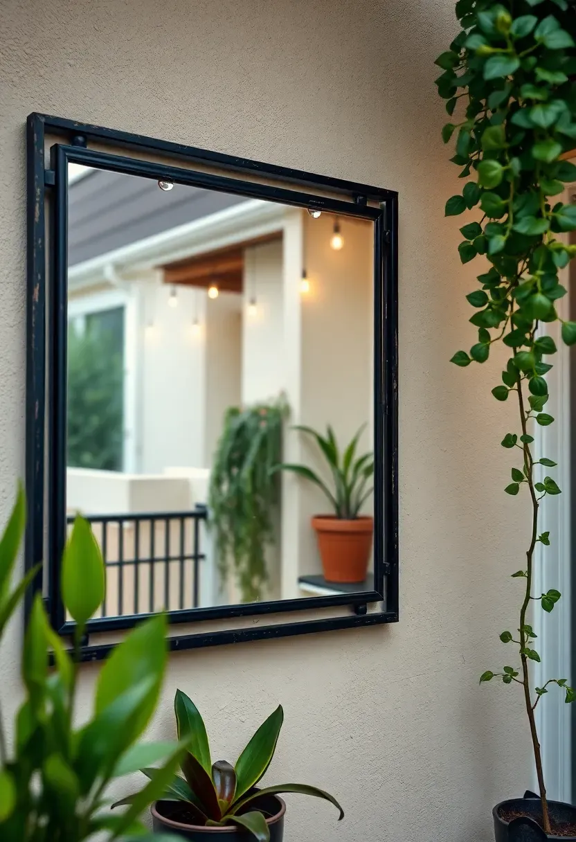 Weatherproof outdoor mirror mounted on an apartment patio wall reflecting greenery and string lights