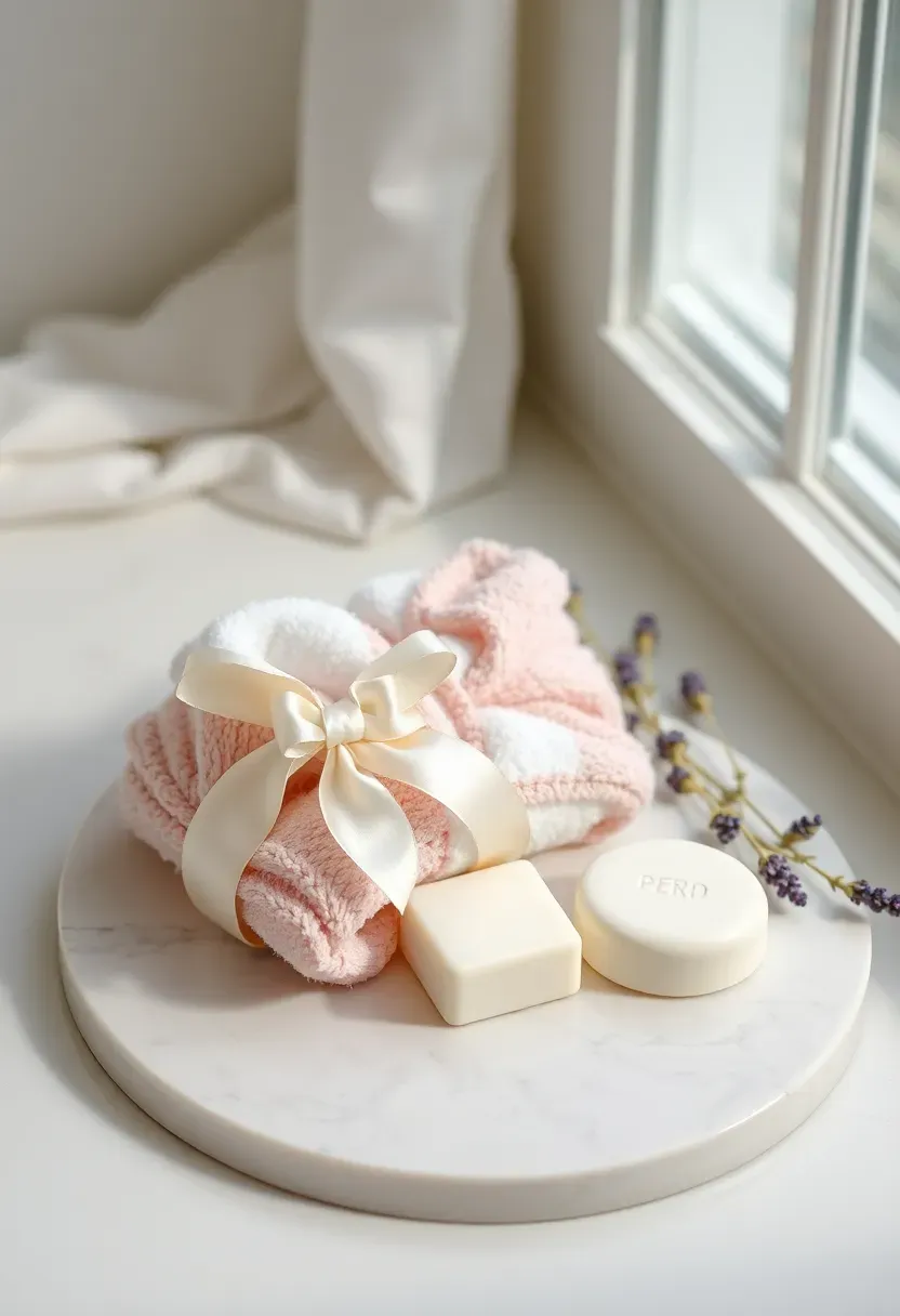 two rolled terry cloth spa headbands in white and blush with ribbon soap bar and lavender on marble tray