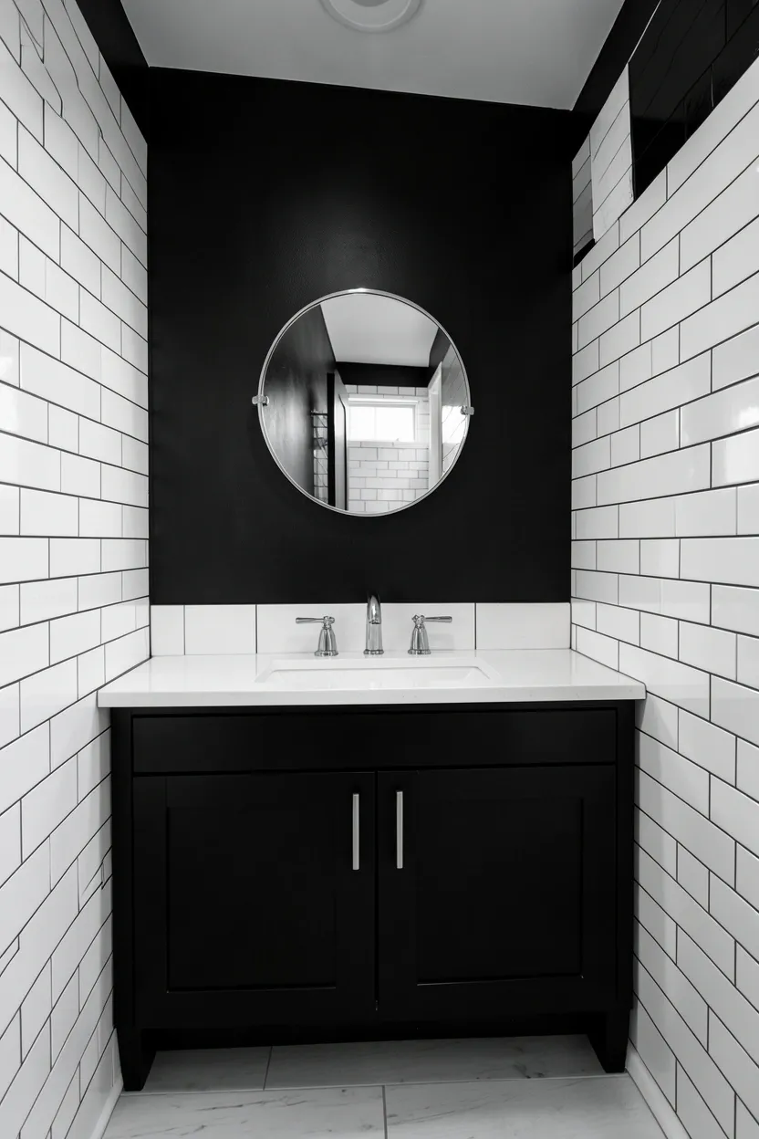 Hyper-realistic eye-level photograph of a modern black bathroom featuring black painted accent wall behind vanity, white subway tile walls on other sides, black vanity cabinet with white quartz countertop, chrome faucet, small round mirror on black wall. Natural light. Materials: matte black painted plaster, white subway tiles, black painted wood, white quartz, chrome fixtures. Dramatic black accent wall. Balanced black and white composition. No text, no logos, no watermarks.</p>