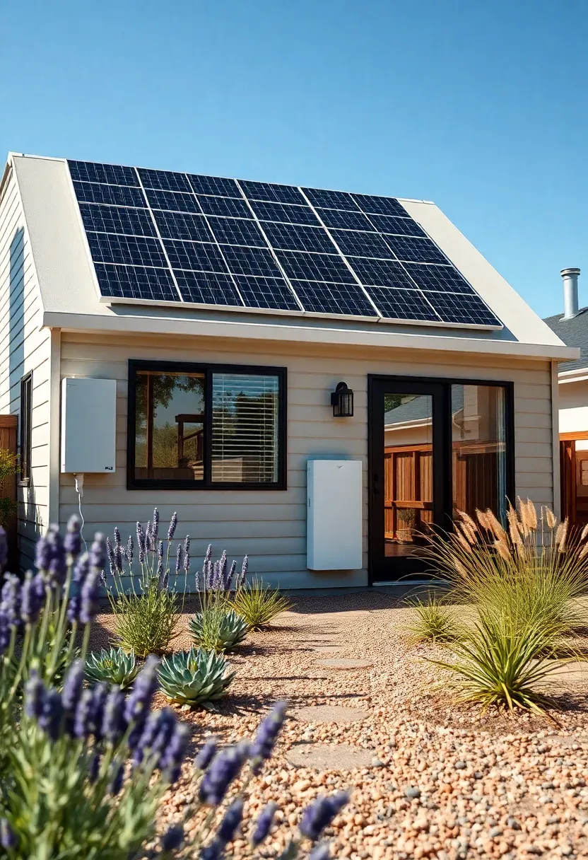 Net-zero backyard ADU with rooftop solar panels, a battery storage unit visible on the side wall, energy-efficient windows, and a small landscaped yard with native drought-tolerant plants