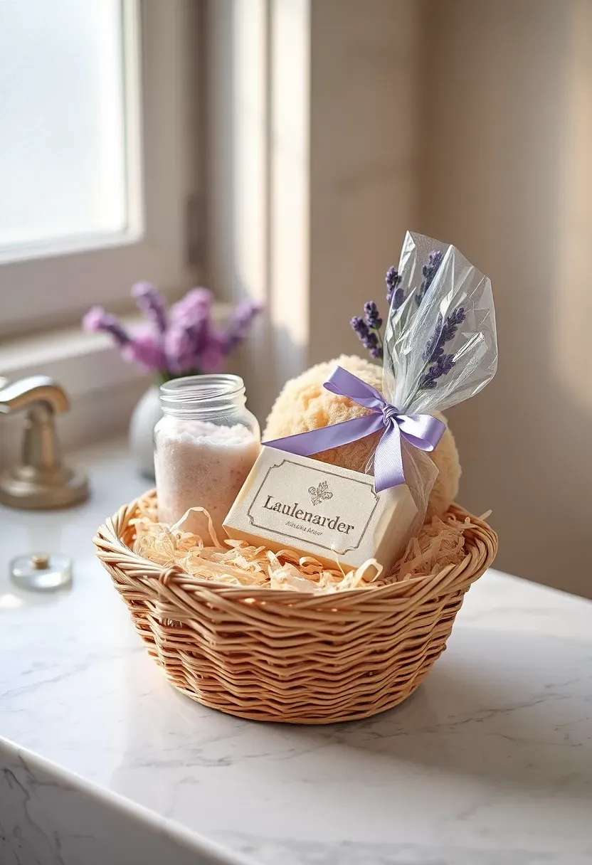 mini spa gift basket with bath salts loofah and lavender soap wrapped in cellophane