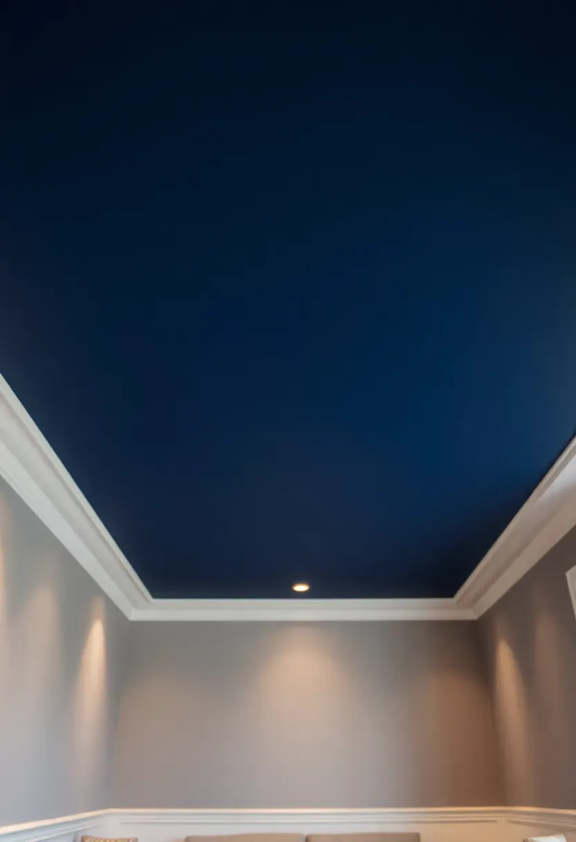 basement with ceiling and upper walls painted the same dark navy blue color creating height illusion