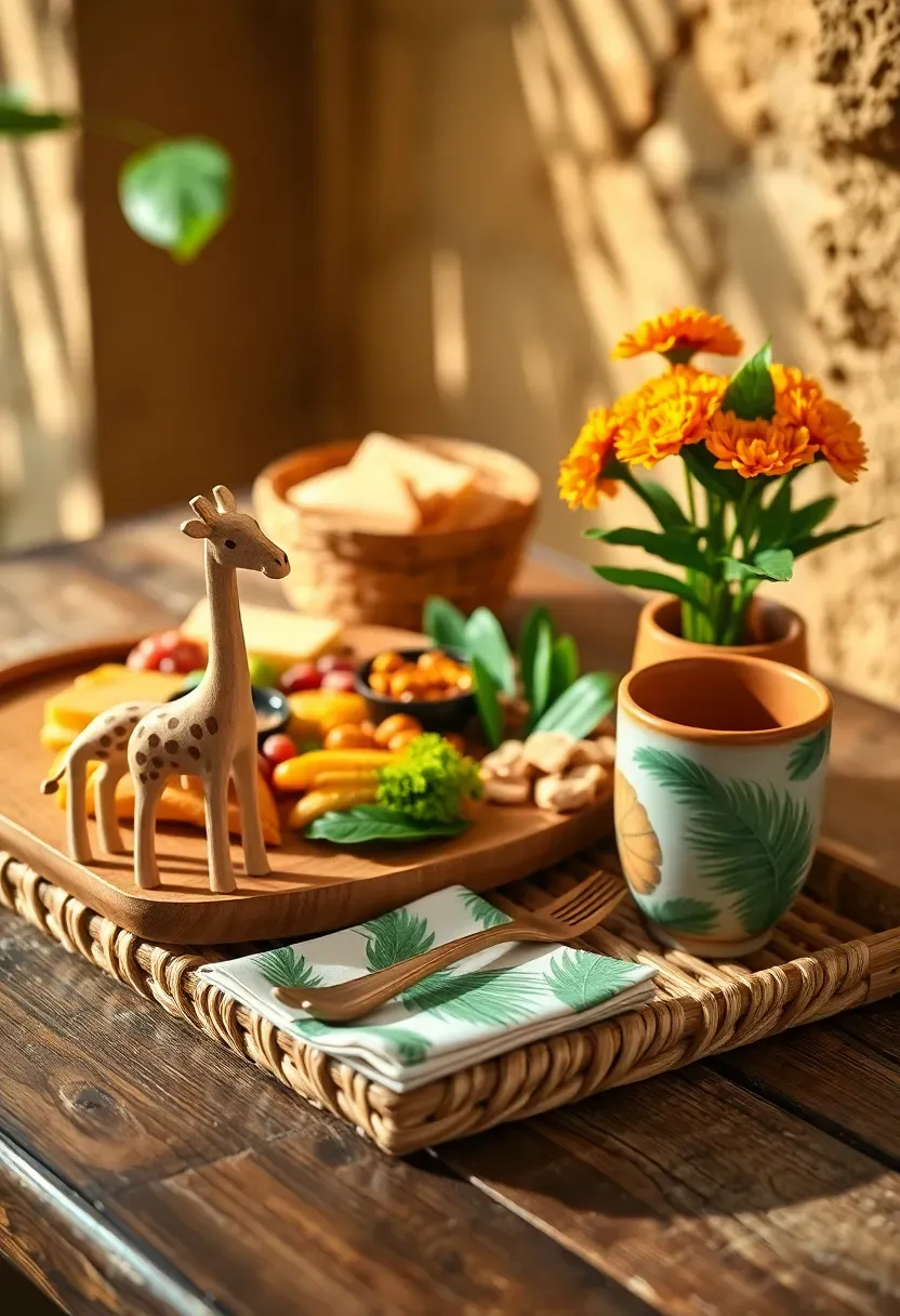 safari animals food bar at baby shower with carved wooden giraffe and elephant, charcuterie on rattan tray, and marigold flowers