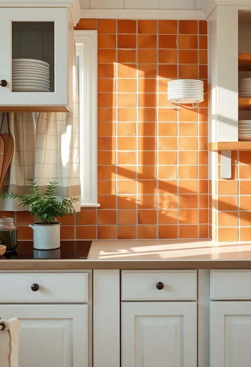square terracotta backsplash tiles with warm orange tones in a white farmhouse kitchen with open shelving and linen curtains