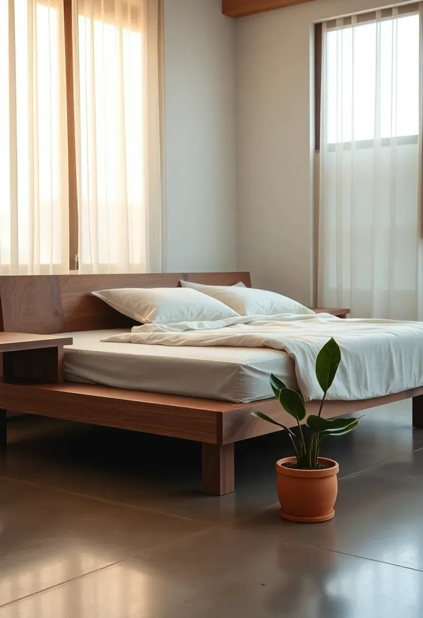 low profile walnut platform bed in a minimalist bedroom with clean lines and warm lighting