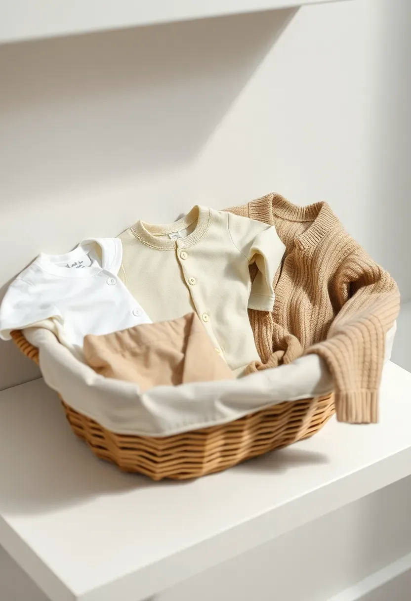 minimalist baby capsule wardrobe basket with five neutral-toned outfits folded neatly in a linen-lined shallow basket on a clean white shelf