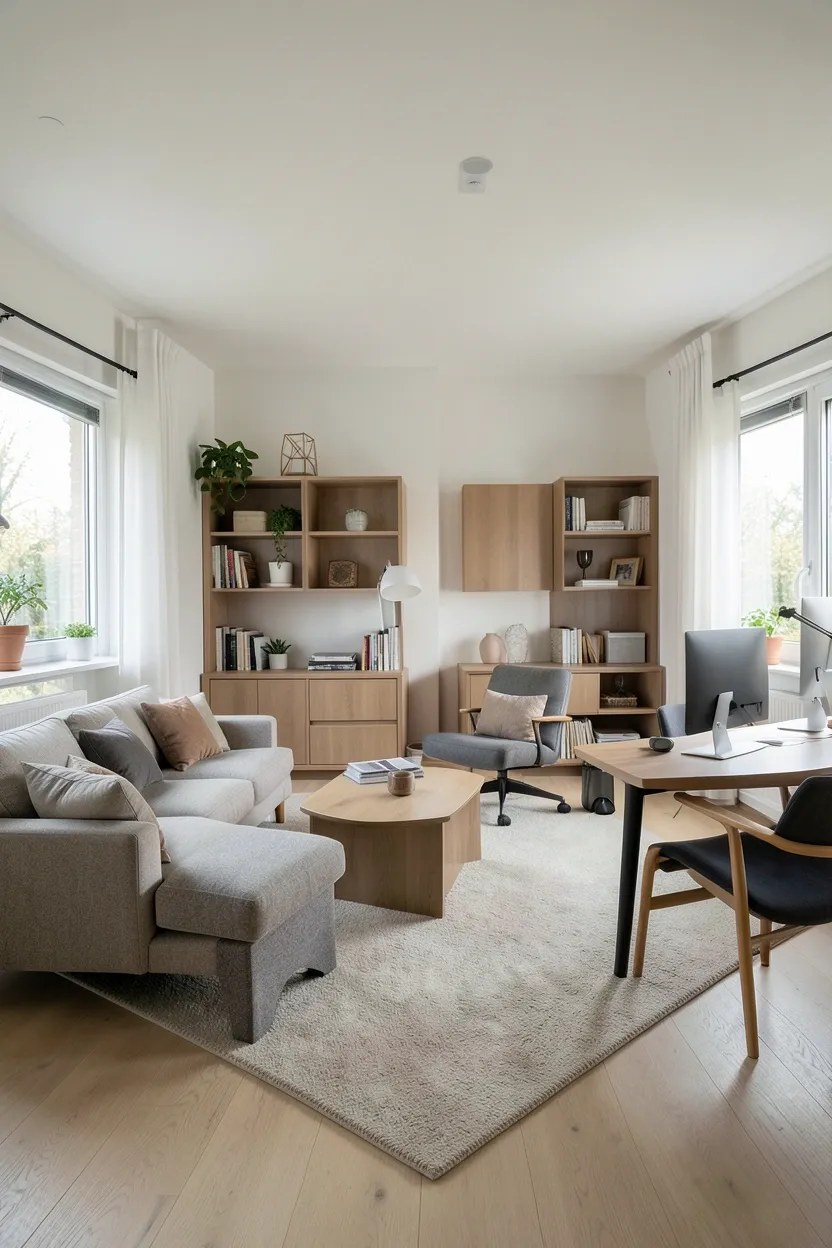 Small Scandinavian living room with fold-out sofa bed and wall desk serving as both lounge and home office