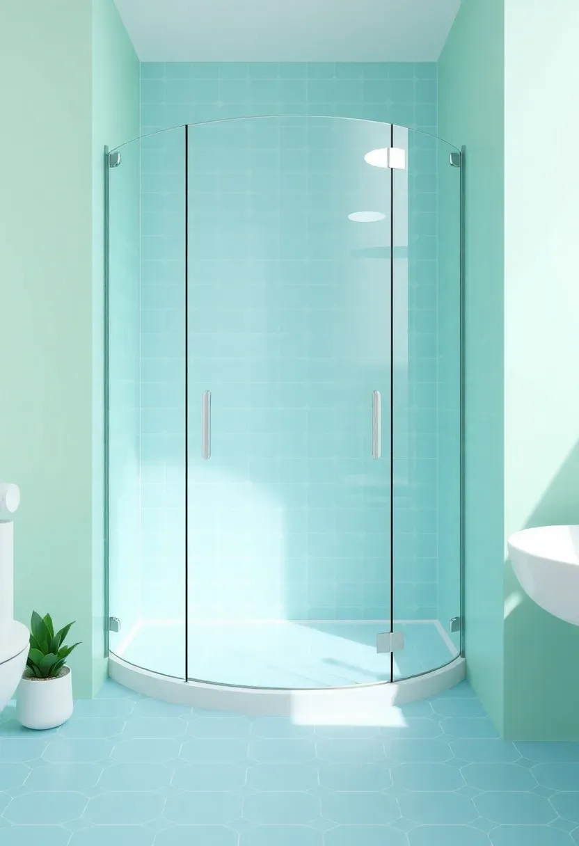 Frameless glass shower partition with rounded edges revealing mint green walls and pastel blue floor in a small apartment bathroom