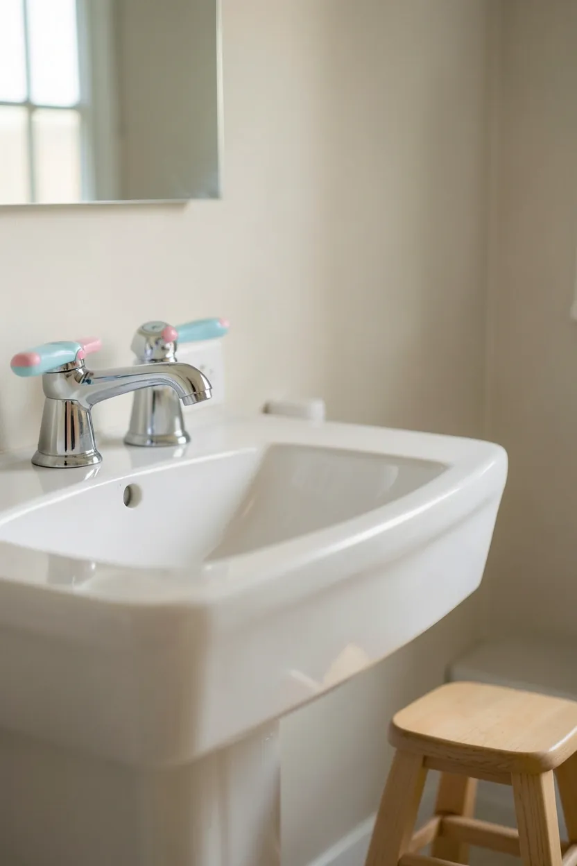 Easy-grip lever faucet handles in a Toca Boca family home bathroom designed for small children to operate independently with bright accents