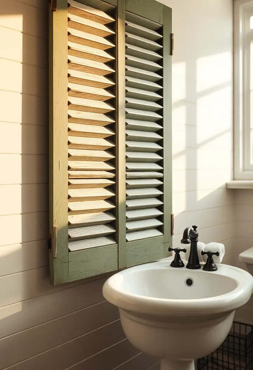 Painted vintage wooden shutter panel in distressed sage green repurposed as wall art on a farmhouse style bathroom wall
