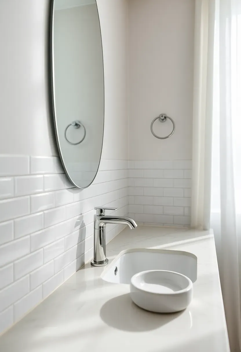 Bathroom vanity wall with classic white subway tile backsplash in running bond pattern, chrome fixtures, and white quartz countertop