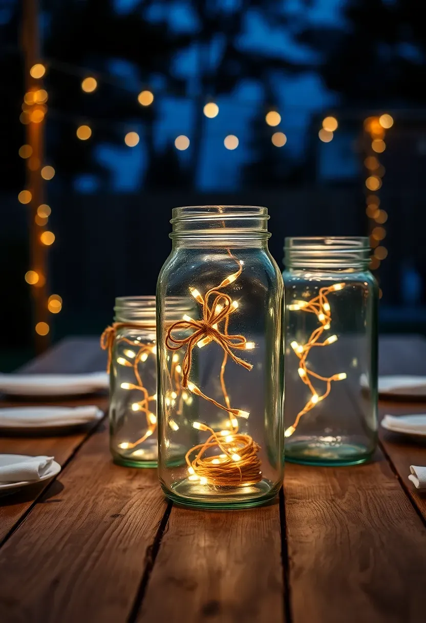 Mason jars wrapped with fairy lights used as glowing centerpieces on a birthday party table in a backyard at evening