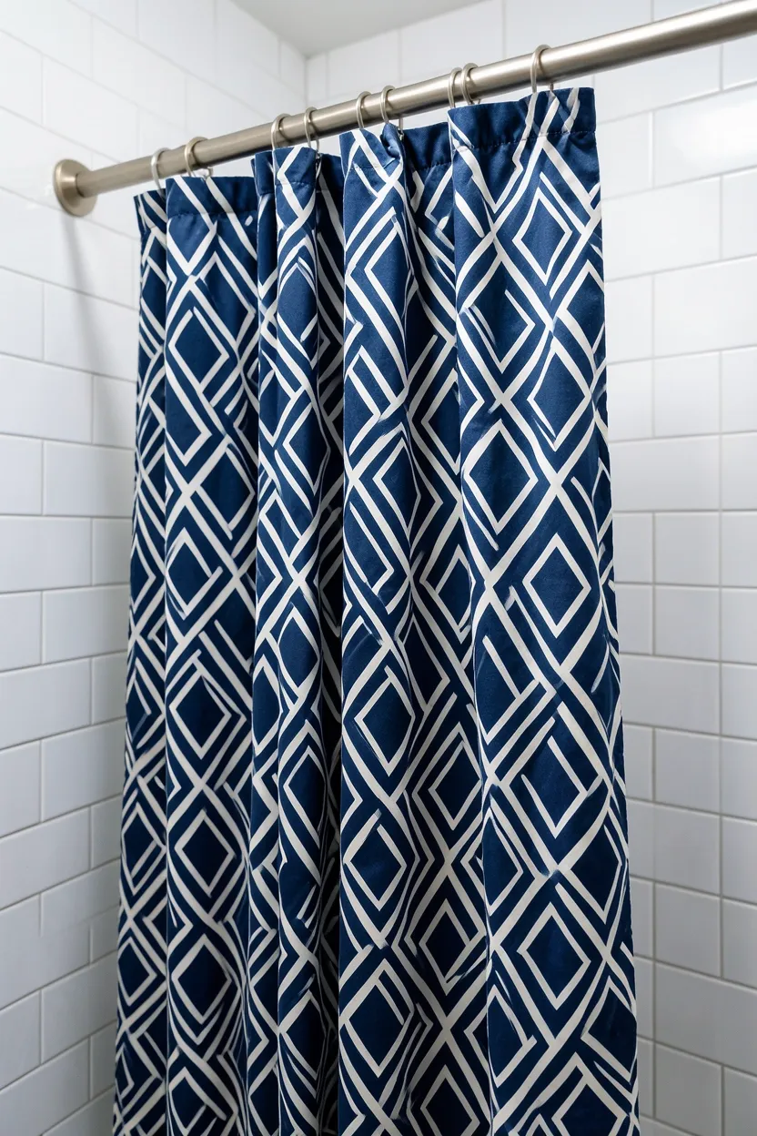 Bold geometric patterned shower curtain as a focal point in a small rental bathroom — renter-friendly bathroom decor