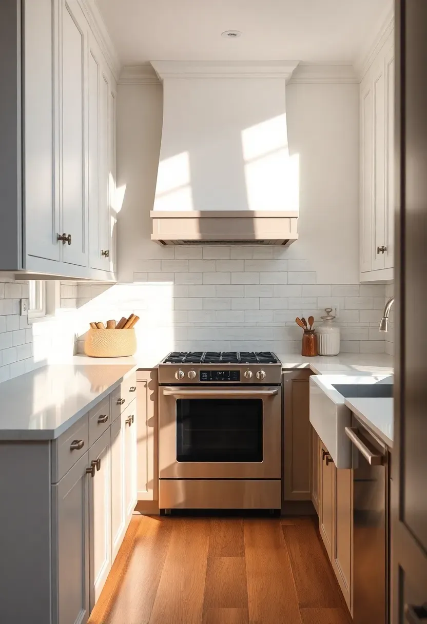 Hyper-realistic 3/4 view of a neutral kitchen with white upper cabinets and taupe lower cabinets. Materials: white painted upper cabinets, taupe painted lower cabinets with warm brown-gray undertones, warm white quartz countertops, white ceramic subway tile backsplash with warm gray grout, brushed nickel hardware, warm oak flooring. Natural light from windows, creating shadows between cabinet color blocks. Visible range hood in taupe matching lower cabinets and farmhouse sink. Sophisticated grounded mood. Shallow depth of field showing cabinet color contrast, sharp details on cabinet seams. No text, no logos, no watermarks.</p>