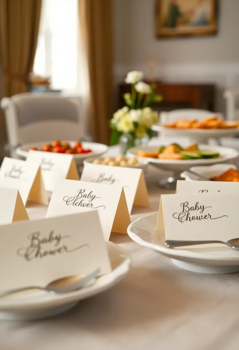 baby shower food label tent cards with calligraphy names for each dish on small folded ivory cardstock placed in front of serving dishes on a decorated buffet table