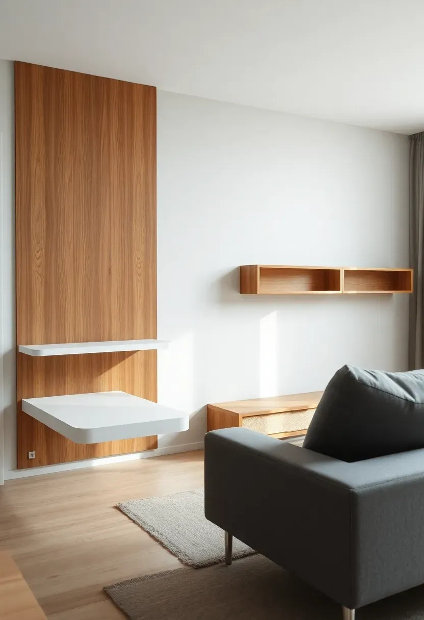 Hyper-realistic view of minimalist living room with cantilevered wall-mounted desk appearing to float, cantilevered sofa with hidden front base, floating side table, visible negative space beneath pieces. Materials: white matte desk, gray fabric sofa, oak wall-mounted shelf. Natural light, airy engineered mood. Floating furniture aesthetic, shallow depth of field, no text, no logos.</p>
