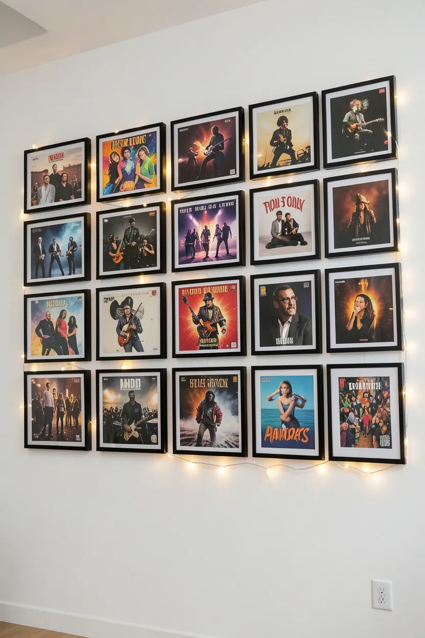 Vinyl record album wall display in a teen bedroom with records mounted in a grid using metal clips