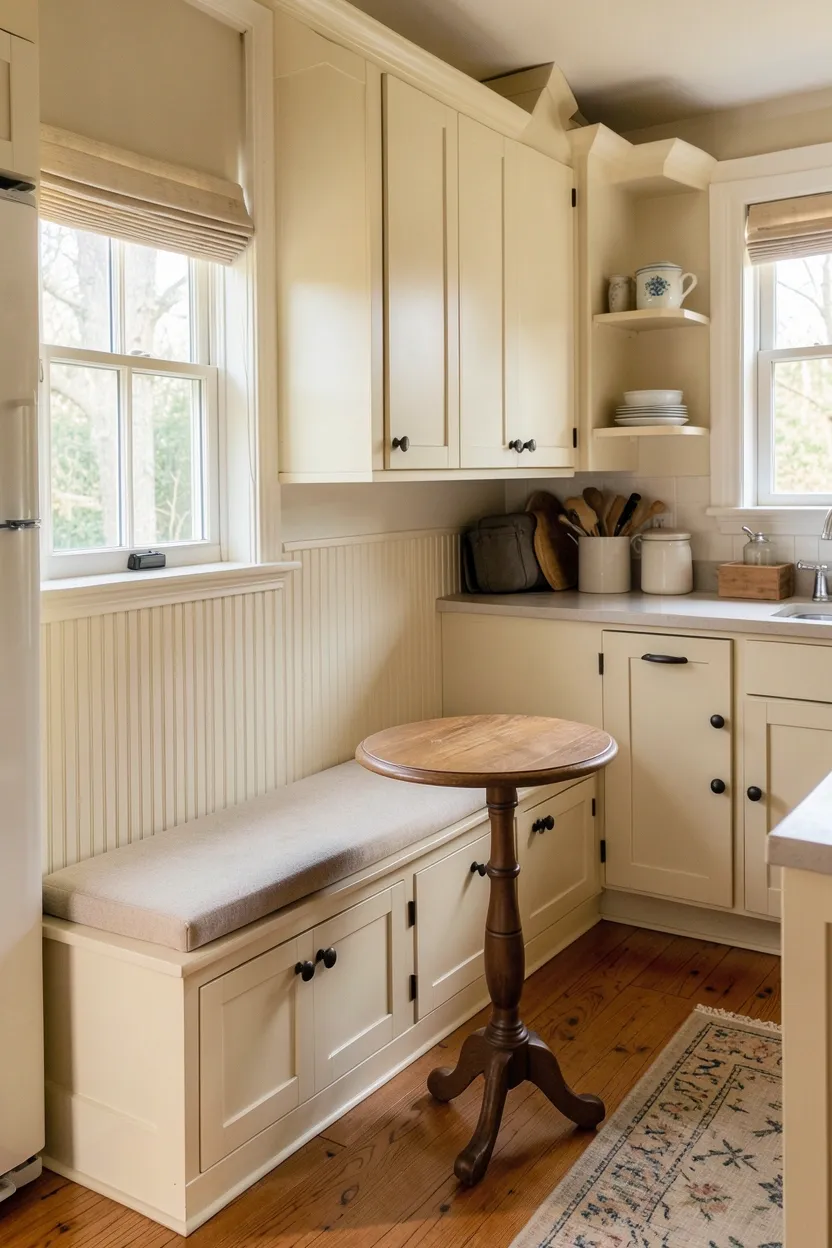 Built-in farmhouse bench seating with beadboard front and hinged storage beneath, next to a pedestal dining table