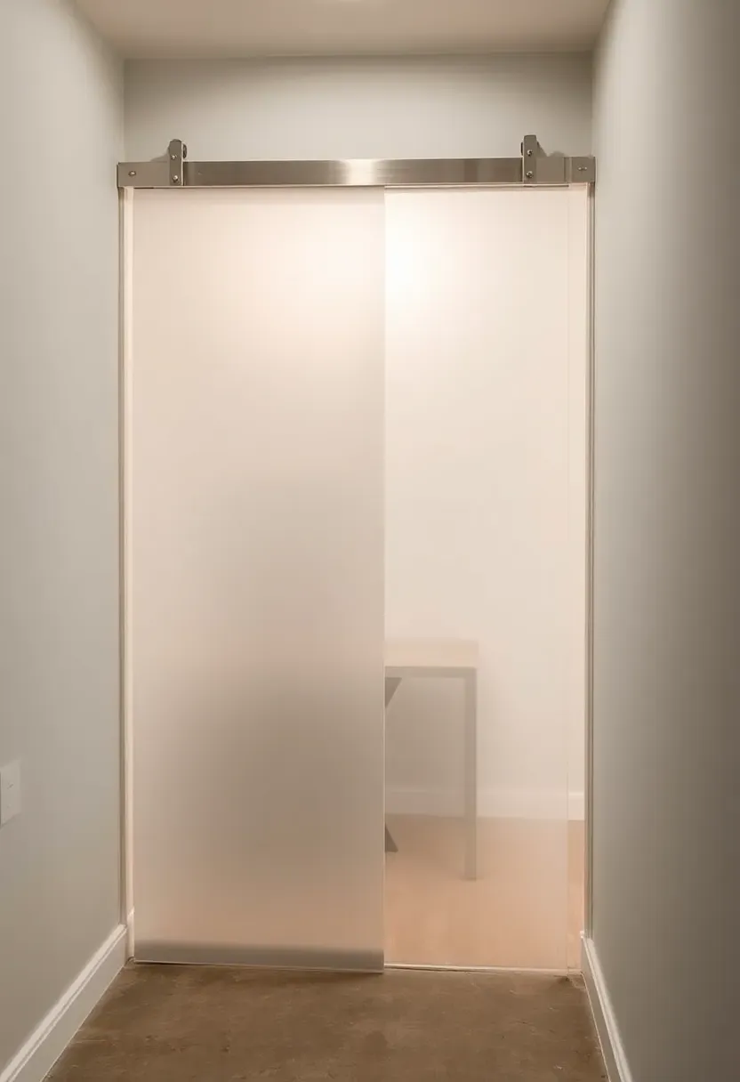 A frosted acrylic sliding panel door on a brushed steel track at a contemporary basement office entrance