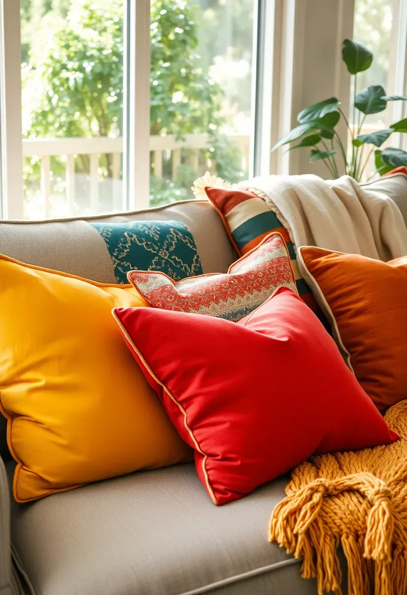 Sun room sofa covered in mismatched colorful throw pillows in mustard, coral, and teal tones