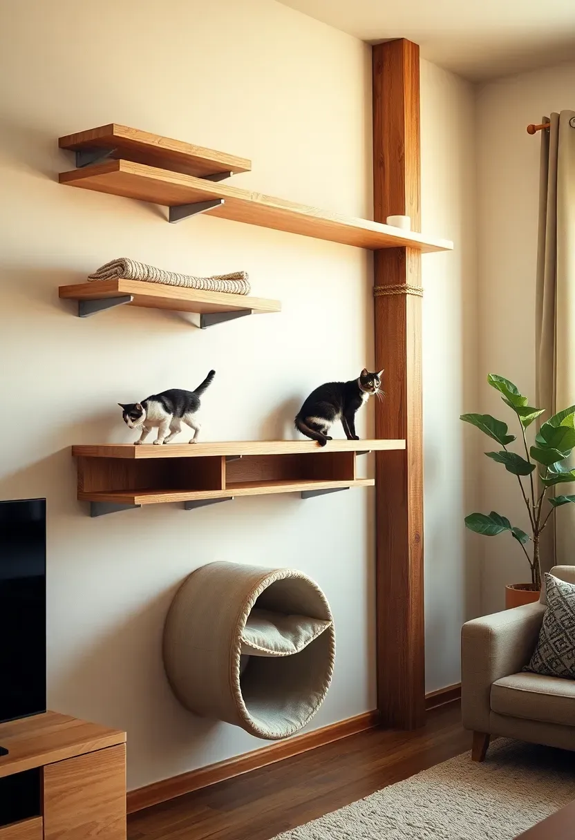 Living room accent wall with floating light oak cat shelves at varying heights, padded tunnel pass-through, sisal post, and two cats navigating the system