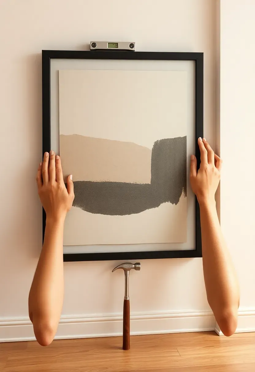 Hands using a level to position and hang a large framed art print precisely on a freshly painted wall, hammer nearby