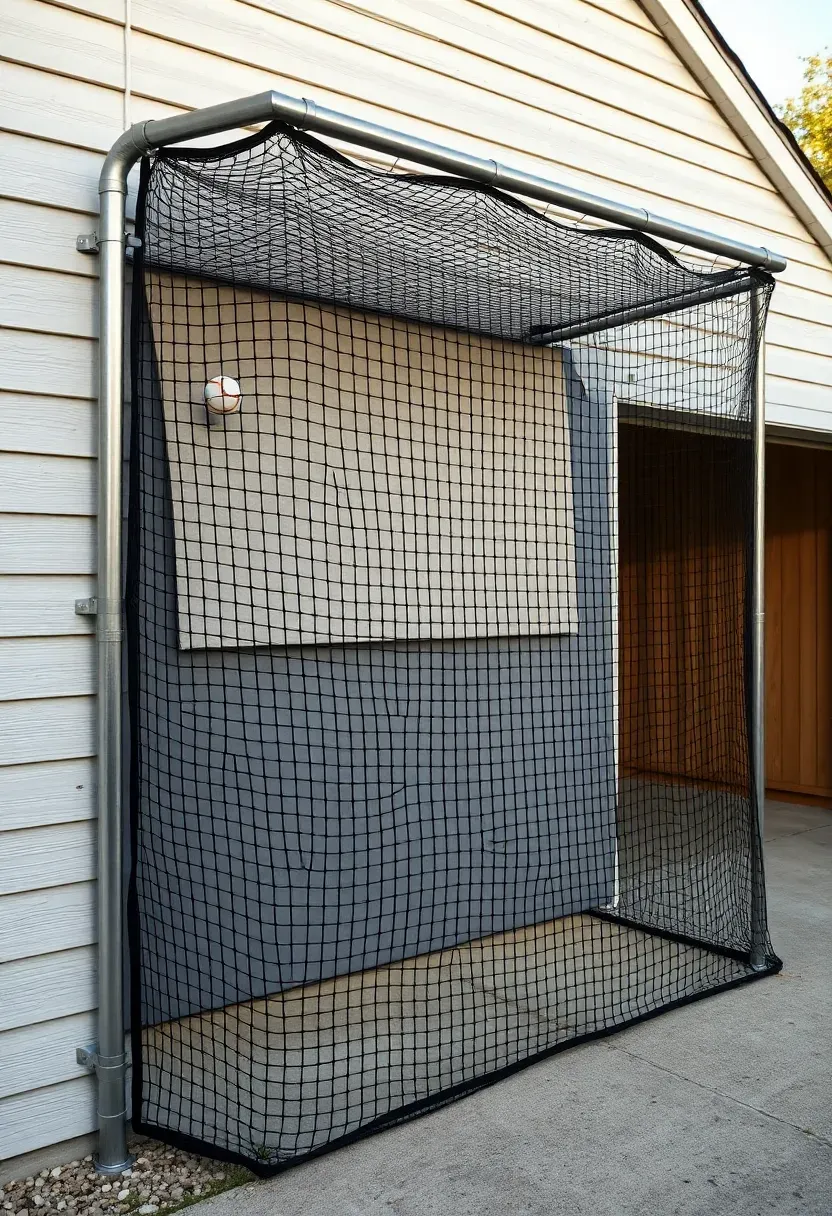 batting cage attached to garage exterior wall with net frame