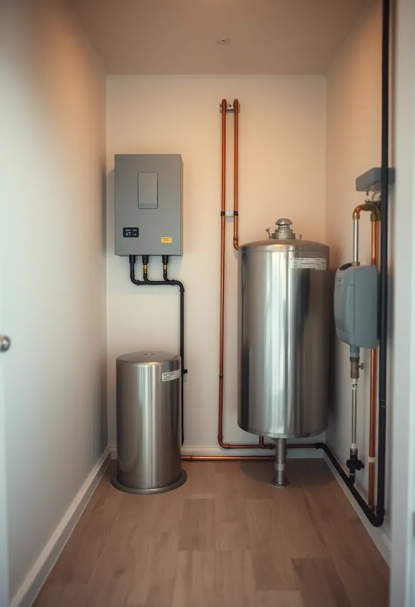 Hyper-realistic 3/4 view of a tiny house utility room showing water tank, electrical panel, propane lines, systems organized. Materials: white oak floor, matte white walls, stainless steel tank, copper piping, organized conduits. Warm diffused utility light, creamy neutrals with technical systems. Mood: organized, essential, planned. Shallow depth of field, sharp details, balanced composition, soft shadows, visible room context. No text, no logos, no watermarks.</p>