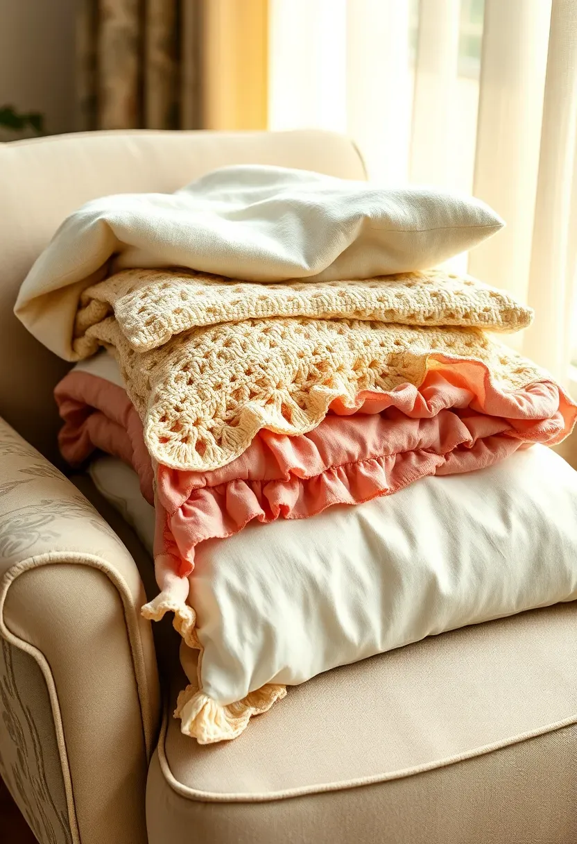 Layered cream and rose textile stack with linen throws, crochet blankets, and ruffled pillow shams folded on a shabby chic armchair