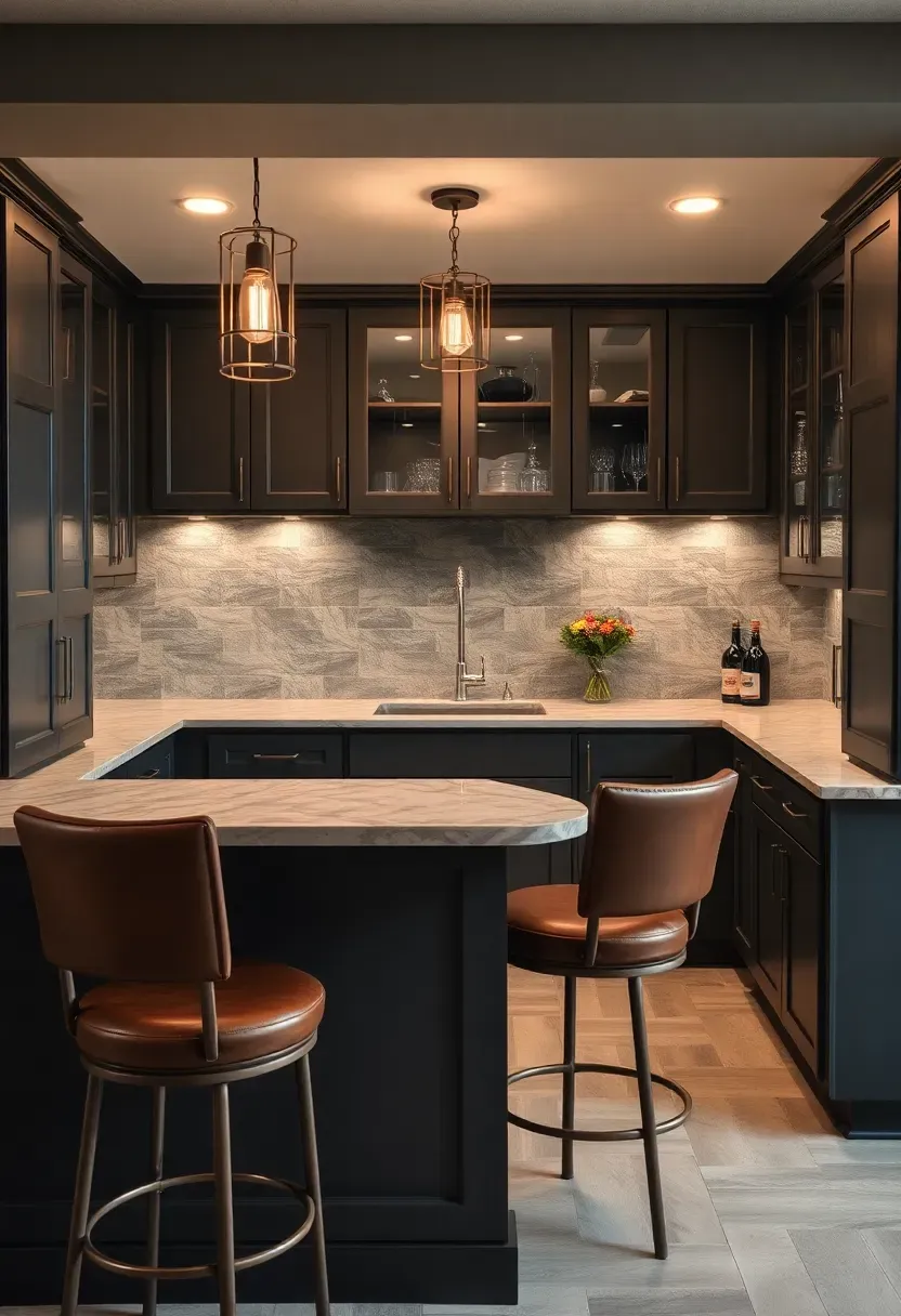 large U-shaped basement wet bar with seating on the outside and a prep sink centered on the back wall with upper cabinets