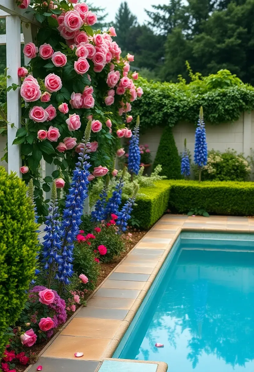 English cottage-style garden bordering a pool with climbing roses, delphiniums, foxgloves, boxwood hedges, and a gravel pathway