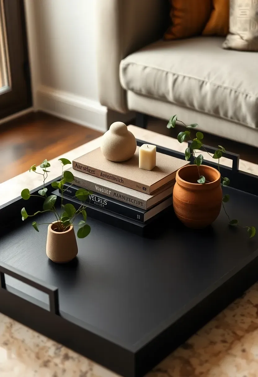 Styled modern living room coffee table with curated tray, architectural book stack, sculptural object and trailing plant
