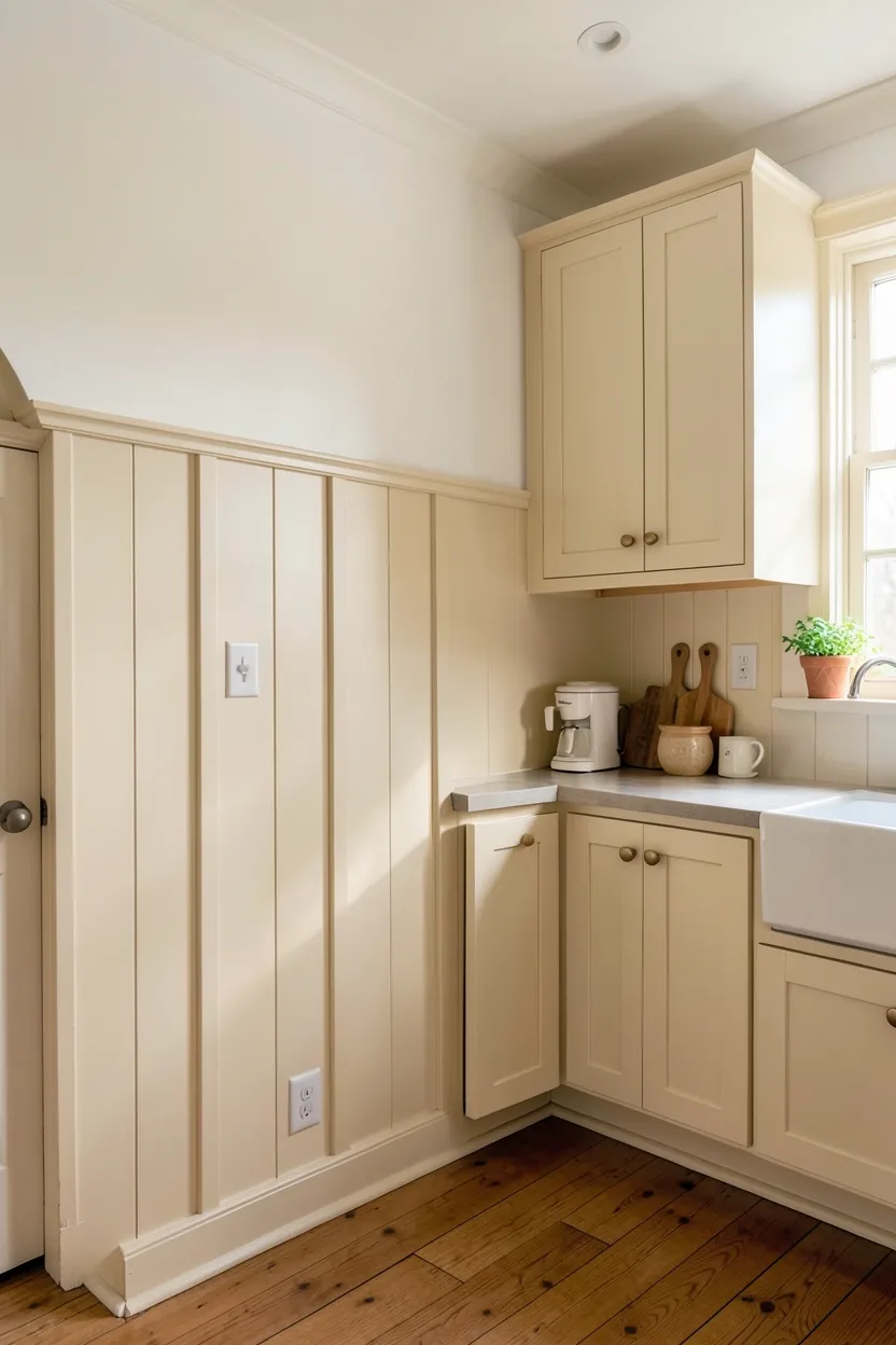White board and batten accent wall in a small farmhouse kitchen adding vertical texture and architectural interest