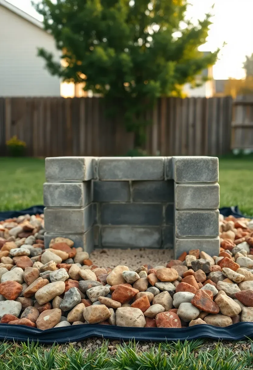 DIY concrete block fire pit with a wide river rock border in a suburban backyard