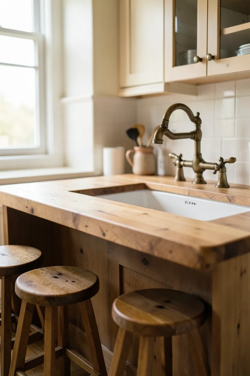 Rustic kitchen butcher block island with fireclay farmhouse sink, bar stools, and warm wood countertop