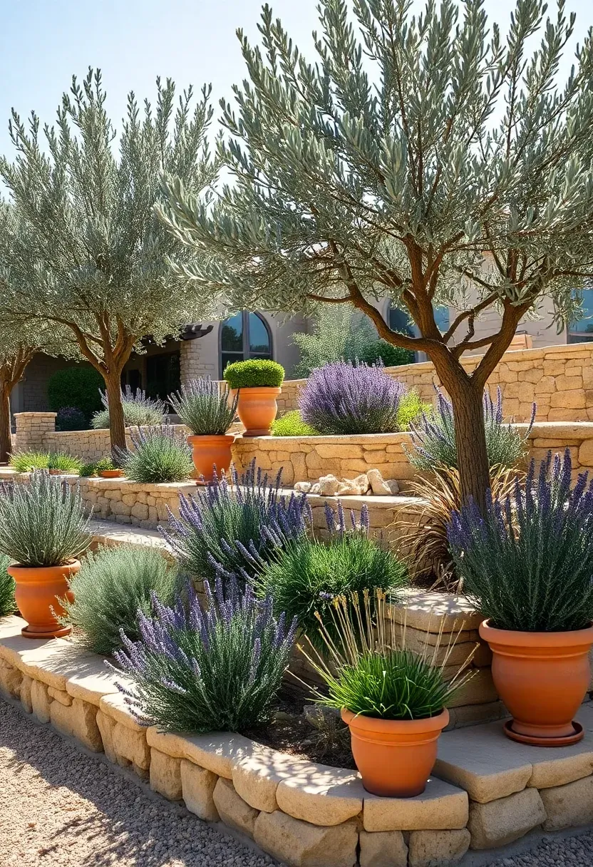 Hyper-realistic 3/4 view of a Mediterranean front yard garden with olive trees, purple lavender, gray-green rosemary, terra cotta planters, and dry-stone walls creating terraced levels. Materials: silvery olive foliage, purple lavender blooms, weathered terra cotta, natural stone. Bright warm sunlight, Mediterranean palette of silver, green, purple, terracotta. Terraced layout with gravel pathways. Visible stucco home with tile roof. No text, no logos, no watermarks.</p>