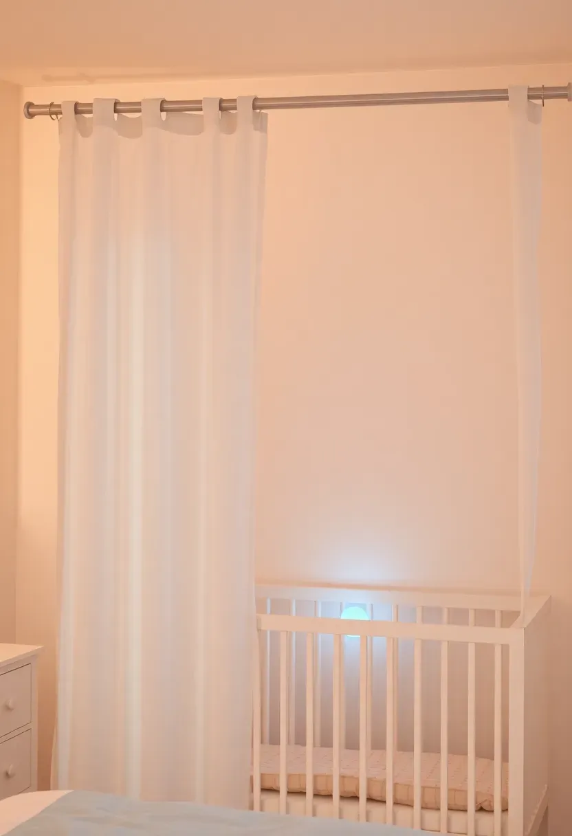 room divider creating dedicated nursery corner in shared small bedroom with baby boy crib and soft blue curtain