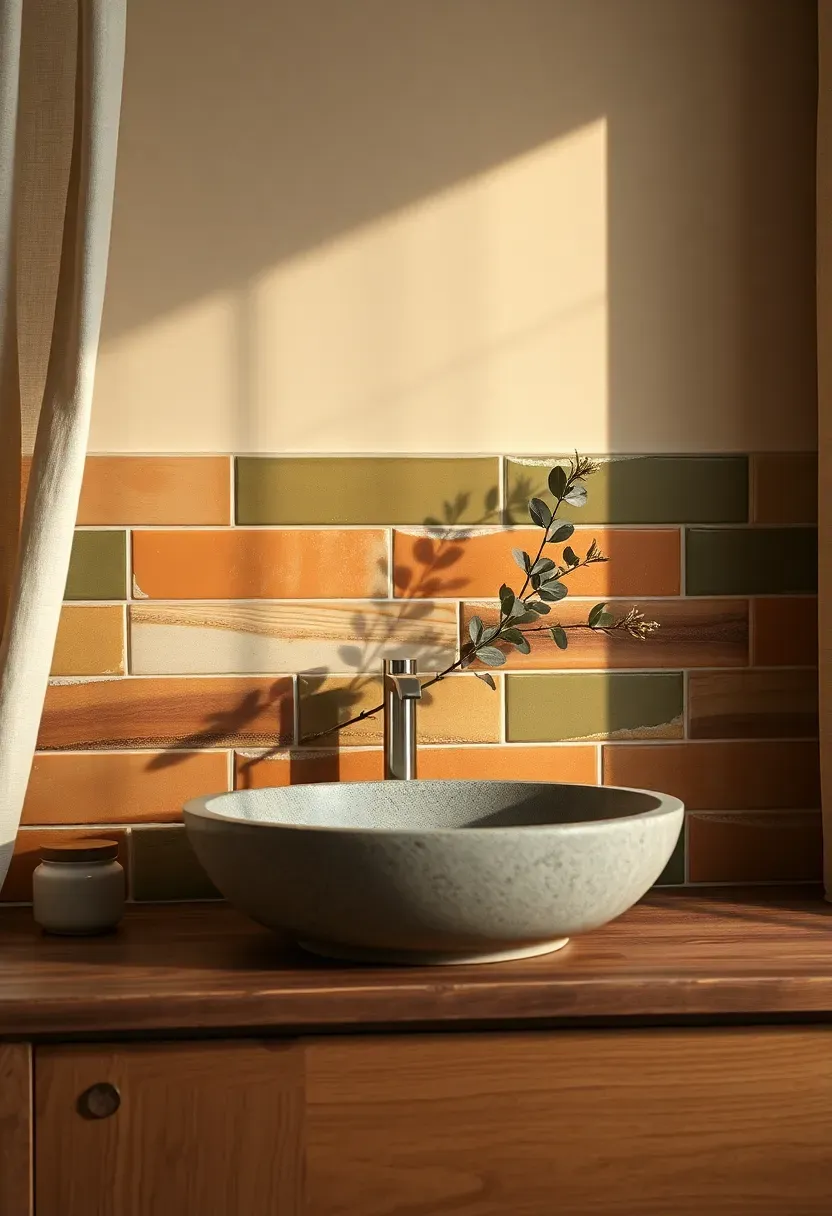 Handmade ceramic backsplash tiles in earthy olive and terracotta glazes with visible brush marks behind a wooden vanity and stone basin