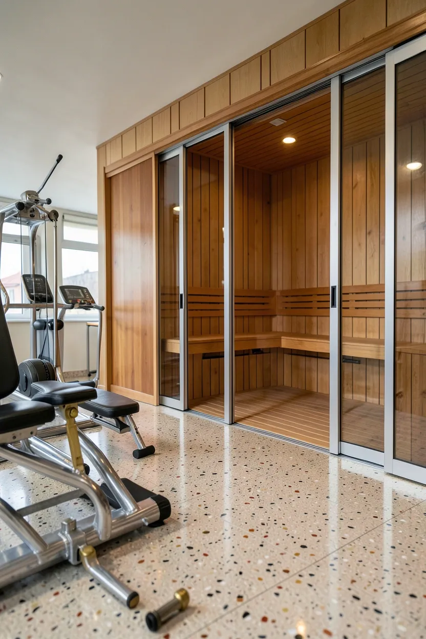 Mid-century modern home gym with cedar sauna featuring horizontal banding, polished terrazzo floors, chrome and teak equipment, and brass-finish control panel