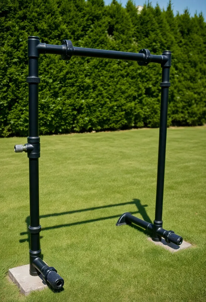 Freestanding pull-up rig made of steel pipe in a backyard with multiple grip positions, dip handles on the sides, and a person doing a pull-up with green yard behind