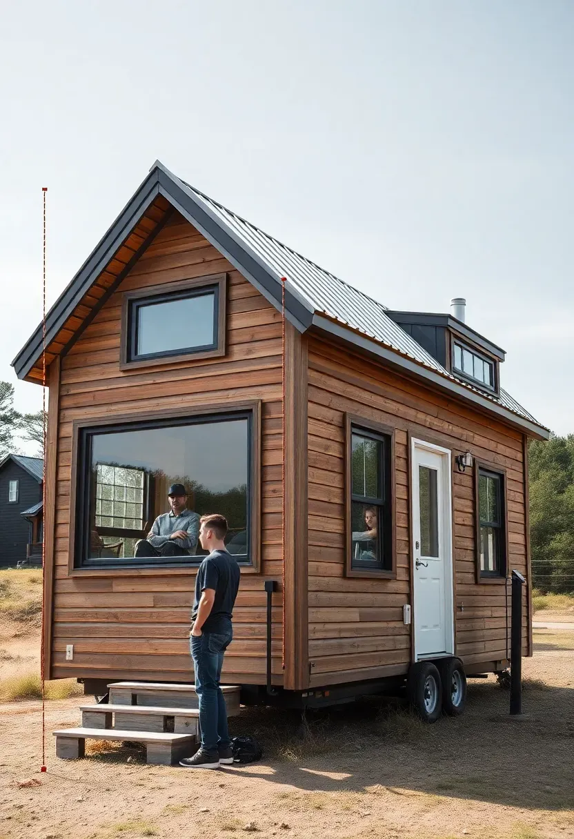 Hyper-realistic side elevation view of tiny house showing height dimensions with vertical measurement graphic, approximately 14 feet tall to ridge peak. Design features shed roof with high side for loft headroom, large windows, metal roof. Person standing next to house for scale. Clear daylight with subtle shadows. Technical documentary mood. Sharp details showing proportions. No text, no logos, no watermarks.</p>