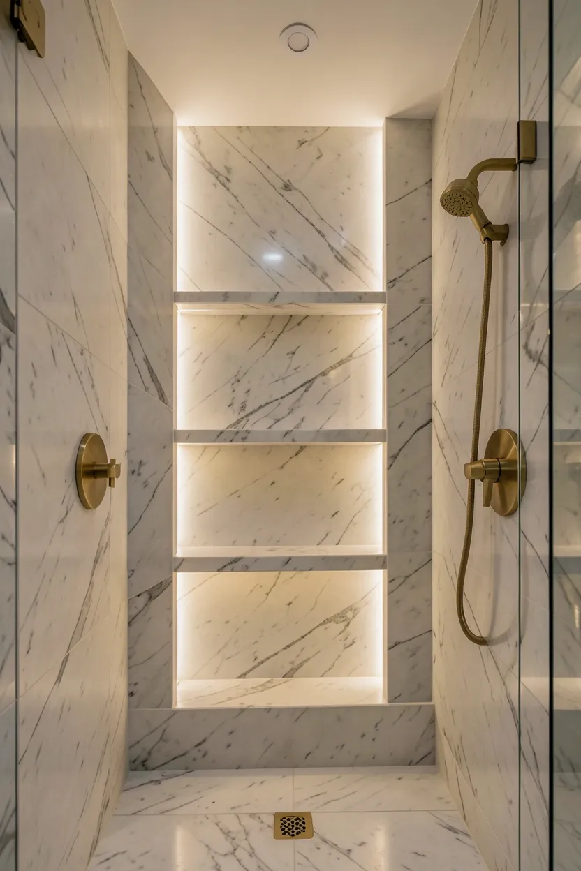 Built-in marble shower niche with warm LED strip lighting and organized toiletry shelves in an elegant shower