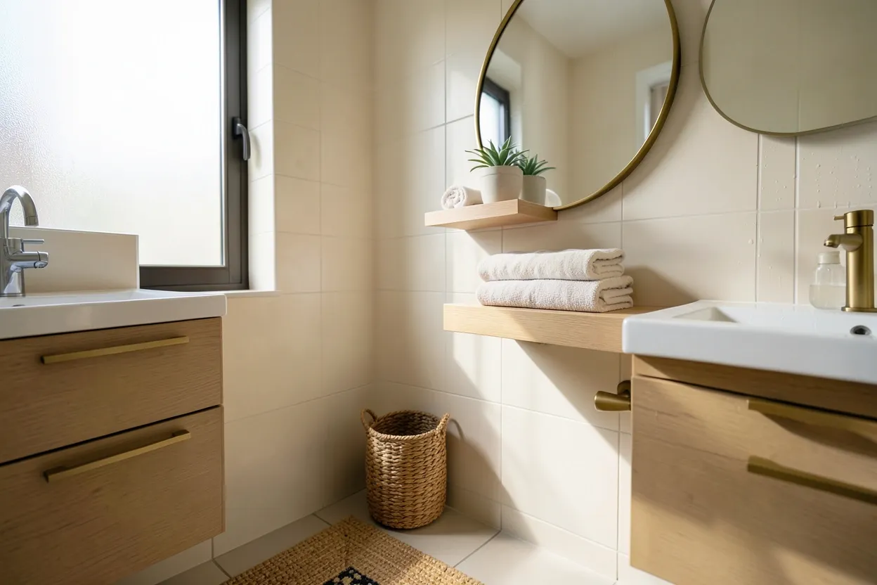 23 apartment bathroom decor ideas for renters — collage of renter-friendly small bathroom upgrades with woven baskets, mirrors, and plants